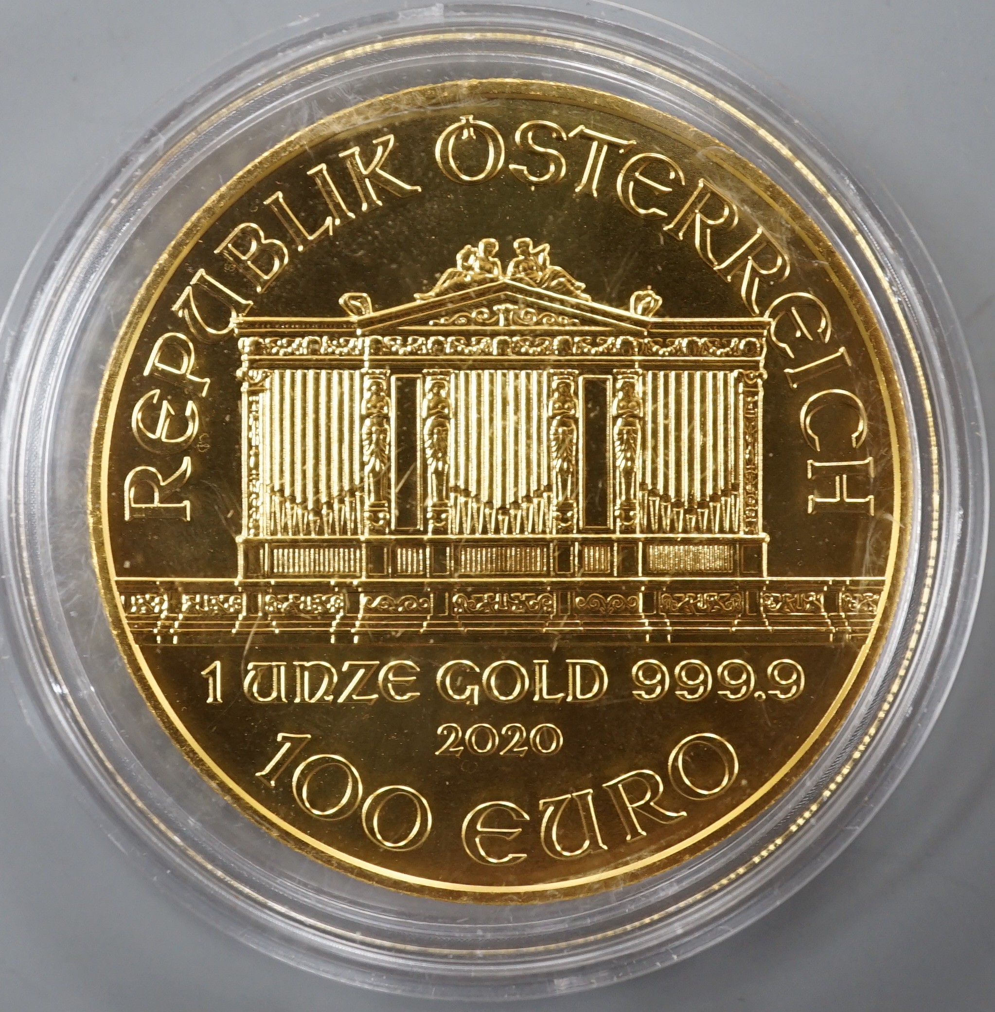 A Republic of Austria 1oz gold 100 Euros coin.